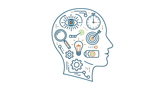 Conceptual illustration of the human mind and mental processes through various icons