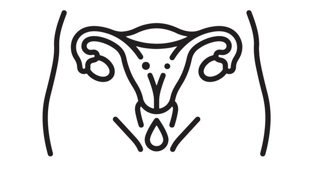 Uterus reproductive health icon with simple black line art and stylized fallopian tubes and ovaries featuring gynecology, gynecologist, anatomy with
