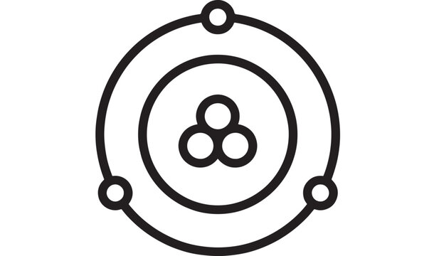 Nuclear atom icon with circular ring design and three connected spheres for science technology education