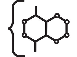 Molecule diagram icon with connected hexagonal rings and chemical structure lines on white background © TAIFUR
