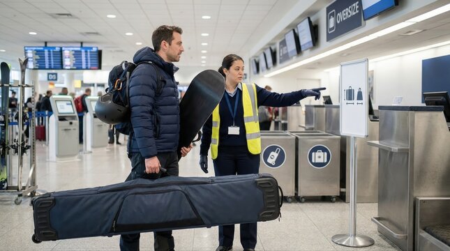 Traveler carrying a snowboard and ski bag checking in oversized baggage with assistance from airport staff at the departure terminal, preparing for a winter sports vacation