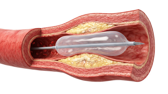 Balloon Angioplasty Procedure Inside Plaque Blocked Coronary Artery on Transparent Background