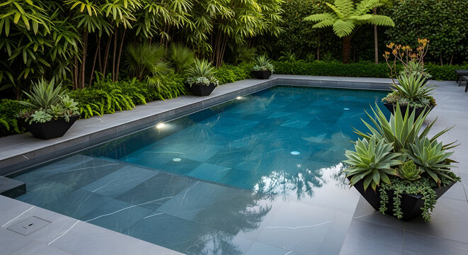 Elegant backyard swimming pool with lush tropical plants modern black planters and turquoise water reflecting trees in a tranquil outdoor setting