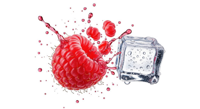 Fresh raspberry with water splash and ice cube isolated on transparent background