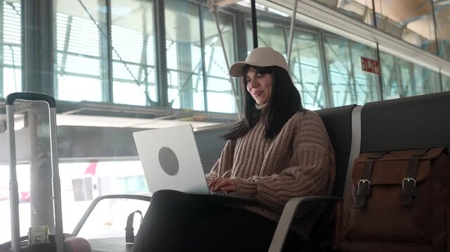 Young woman using laptop computer while waiting for her flight at the airport