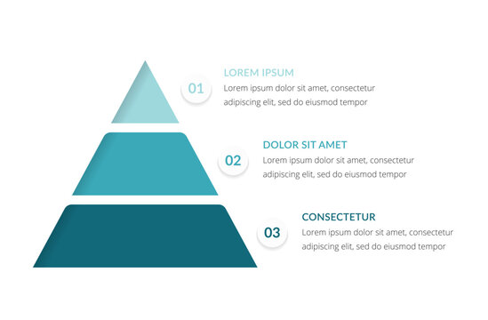 Pyramid infographic template with three levels and numbered steps, suitable for hierarchy, business strategy, growth stages and structured presentation