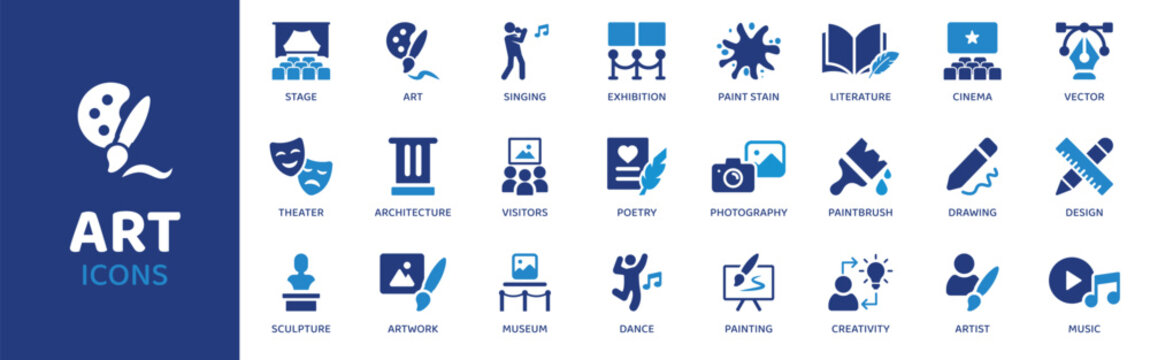 Art flat icon set. Containing icons as stage, art, singing, exhibition, paint stain, literature, cinema and more. Solid vector web icons collection.