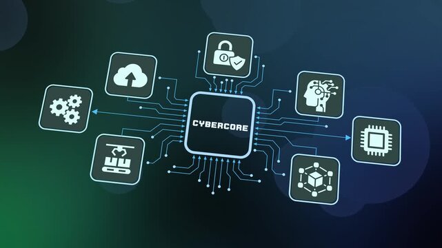 Cybercore digital architecture featuring centralized data processing with cybersecurity encryption and network hardware