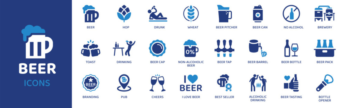 Beer flat icon set. Containing icons as beer, hop, drunk, wheat, beer pitcher, beer can, no alcohol and more. Solid vector web icons collection.