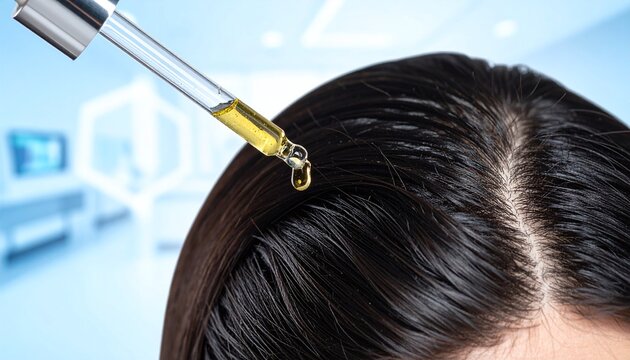 Closeup of a glass dropper applying golden nourishing oil to dark hair and scalp. Professional hair care treatment and scalp therapy for growth and health in a clinical laboratory.