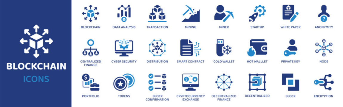 Blockchain flat icon set. Containing icons as blockchain, data analysis, transaction, mining, miner, startup, white paper and more. Solid vector web icons collection.