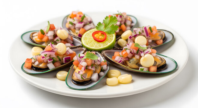 Peruvian steamed mussels with vegetable cuts, known as choritos a la chalaca served with a slice of lime above ceramic plate against white background