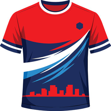 Modern Red and Blue Soccer Jersey Design with Urban Skyline Graphic