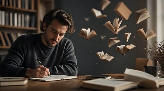 Focused Man Writing at Desk with Books Flying Around