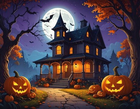 Spooky Halloween haunted house night scene.