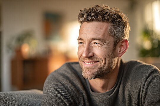 Smiling middle - aged man with salt - and - pepper stubble and blue eyes in a gray knit sweater leaning on a couch in warm sunlit living room