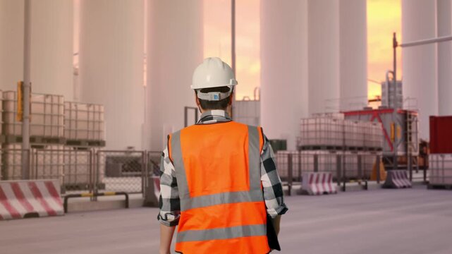 Back of Asian Male Engineer Holding Tablet While Walking at Storage Facility with IBC Totes, Large Silos and Safety Barriers at Sunset