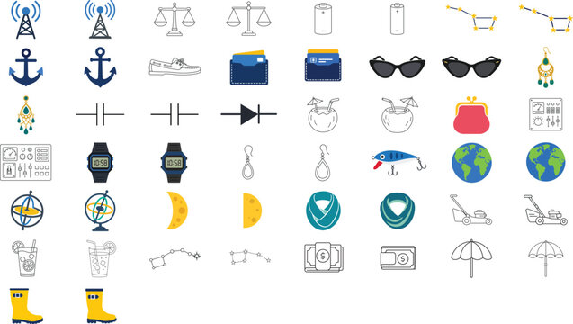 Comprehensive vector icon set of 50 hand-traced minimalist illustrations with editable stroke and adjustable line weight for technology, fashion, nature, and finance branding and design bundle.