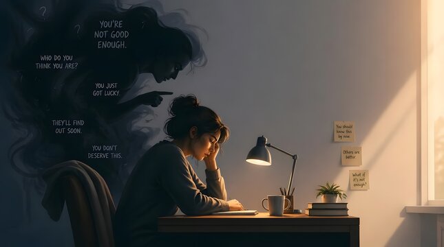 Focused Young Woman Studying at Desk in Quiet Nightlit Room