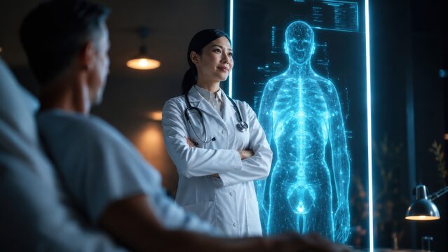 Doctor Using AI Hologram for Digital Healthcare Diagnosis
