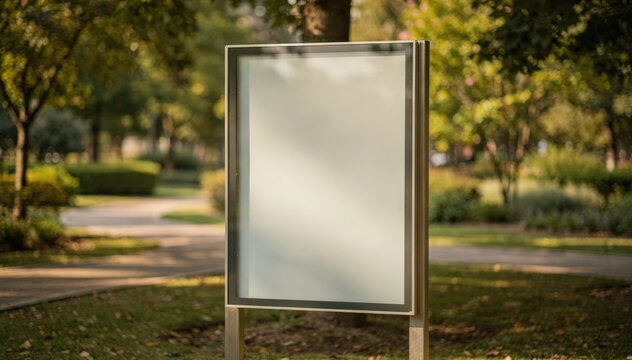 Medium shot of a standalone map pillar at a lush outdoor park main map in sharp focus with blurred trees and pathways surrounding the kiosk.
