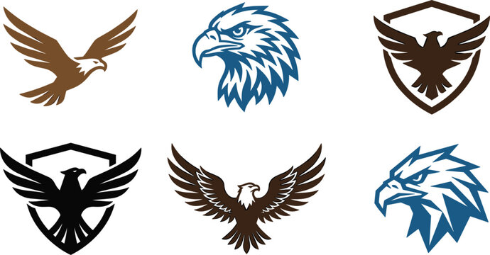 Professional Eagle Logo and Mascot Icon Set featuring Bald Eagle Heads, Shield Emblems, and Spreading Wings for Corporate Branding, Sports Teams, and Security Company Identity