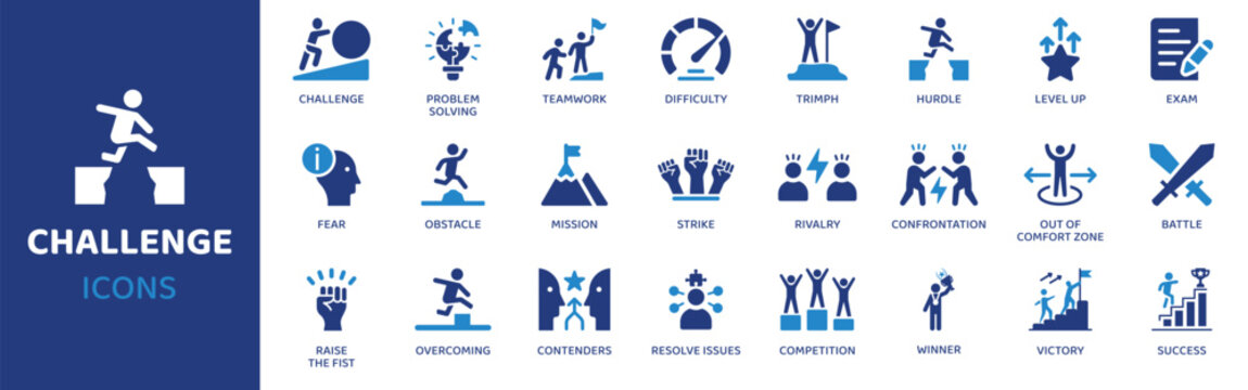 Challenge flat icon set. Containing icons as challenge, problem solving, teamwork, difficulty, trimph, hurdle, level up and more. Solid vector web icons collection.