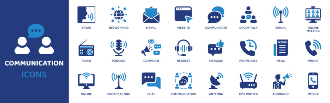 Communication flat icon set. Containing icons as speak, networking, e-mail, website, communicate, group talk, signal and more. Solid vector web icons collection.