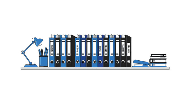 Several blue and black office ring binders are lined up on a desk shelf next to a blue lamp and pencil holder in a modern professional workspace office.