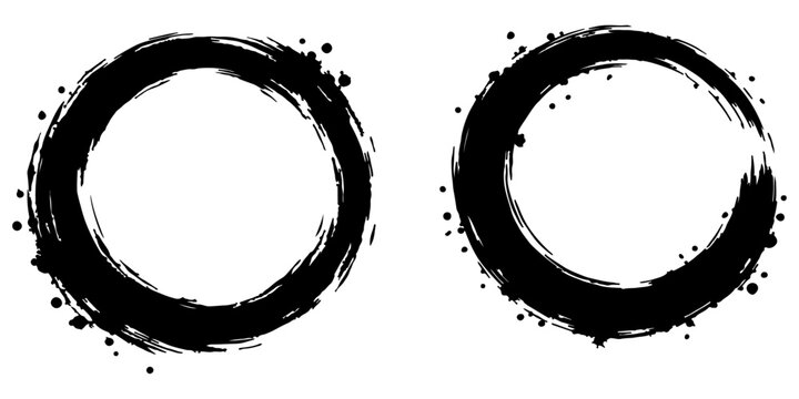 bold abstract black and white grunge two circle brush strokes vector illustration design featuring rough hand-painted ink circles.
