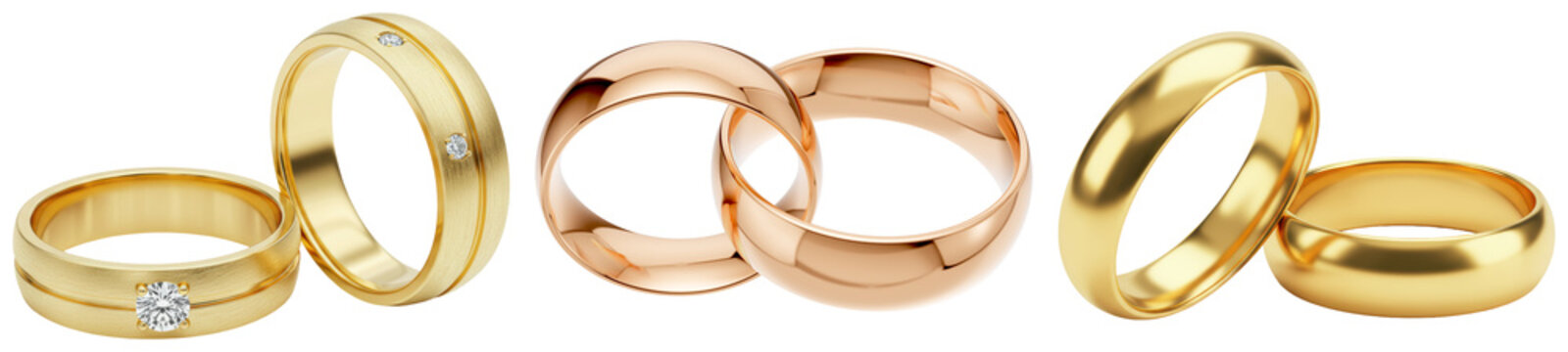 Collection of wedding rings in gold and rose gold, some with diamonds, isolated on transparent background