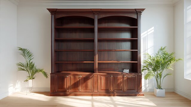 Elegant dark wood bookshelf with arched compartments and cabinets, bathed in natural sunlight