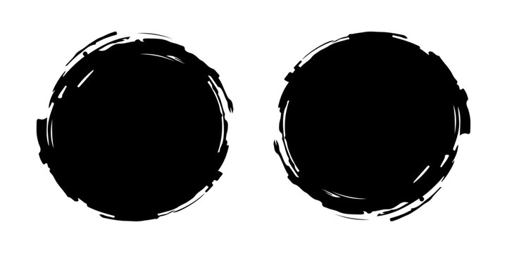 bold abstract black and white grunge two circle brush strokes vector illustration design featuring rough hand-painted ink circles.