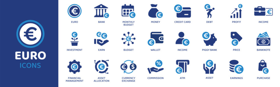 Euro flat icon set. Containing icons as euro, bank, monthly budget, money, credit card, debt, profit and more. Solid vector web icons collection.