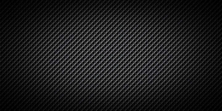 Black abstract carbon fiber texture background with repeating geometric square pattern and subtle spotlight illumination.