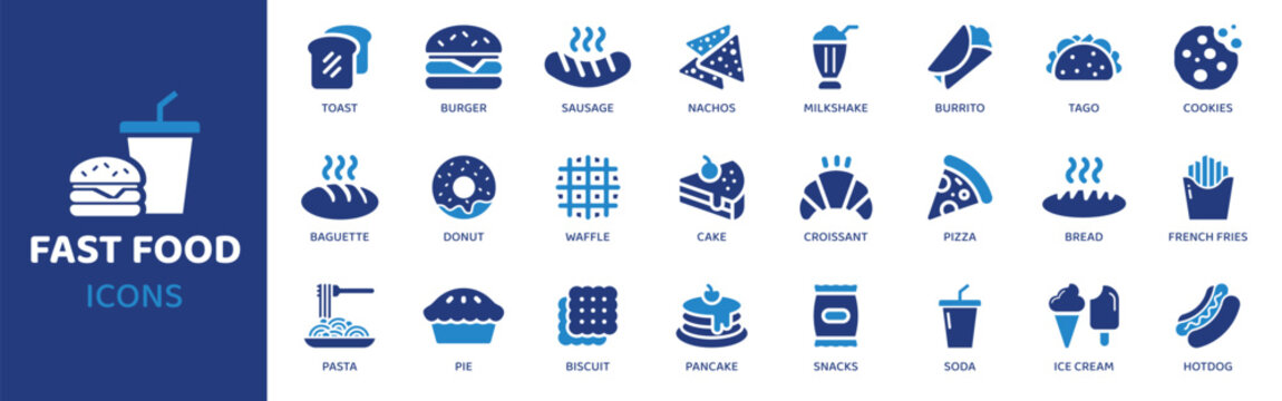 Fast food flat icon set. Containing icons as toast, burger, sausage, nachos, milkshake, burrito, tago and more. Solid vector web icons collection.