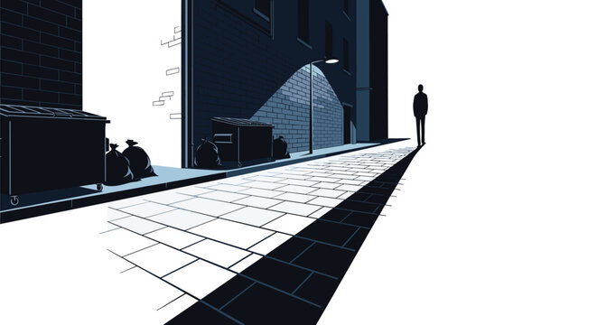 A solitary human silhouette walks down a narrow urban alleyway at night featuring brick walls, trash dumpsters and sharp shadows cast by a single street light.