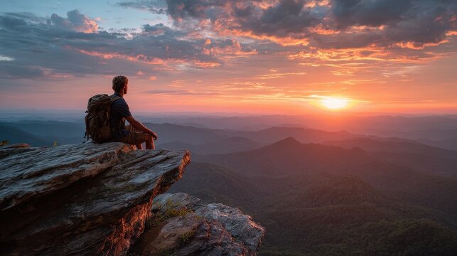 Adventurer with large backpack resting on rock during sunset.
