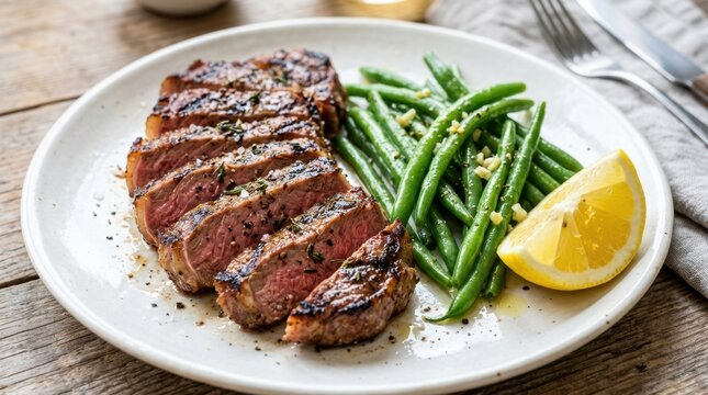 Deliciously grilled steak with green beans and lemon on a white plate