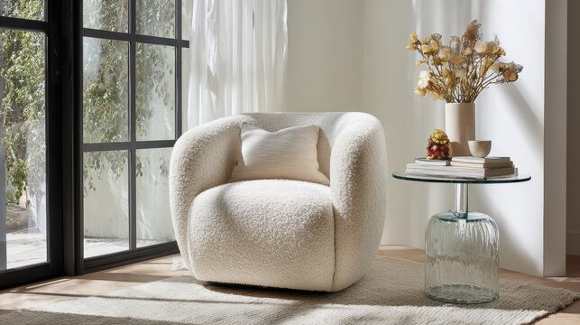 Modern cream boucl&eacute; swivel armchair in bright living room with glass accent side table and floral arrangement.