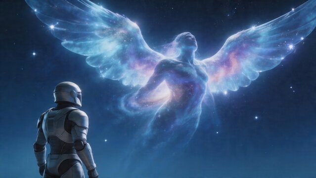robot gazes at ethereal winged figure