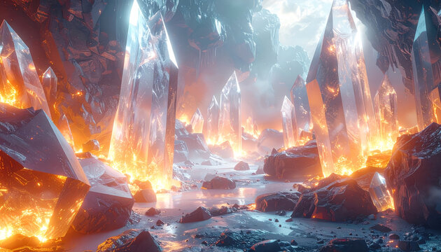 Ethereal crystal cave landscape with glowing orange light majestic formations ice cavern scenery fantasy world backdrop magical mineral environment