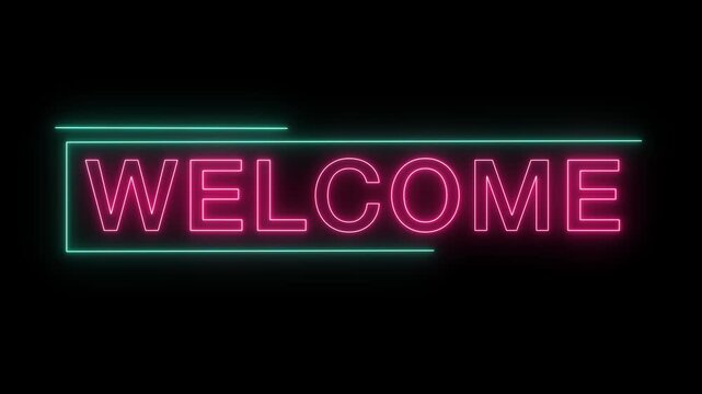 Welcome sign neon animation with pink text and blue flickering frame on black background.