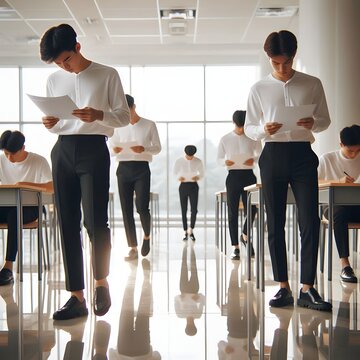 Students in a bright, modern examination hall taking a test.