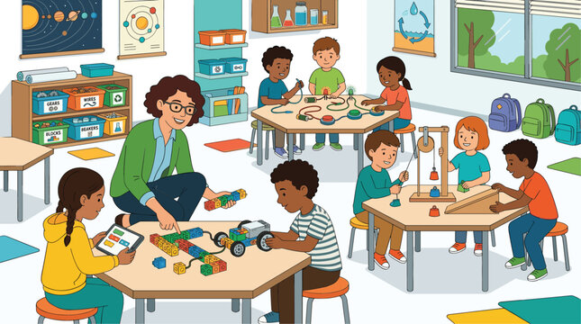 Diverse elementary students and teacher engaging in STEM education activities including robotics coding and physics experiments in modern classroom vector illustration.