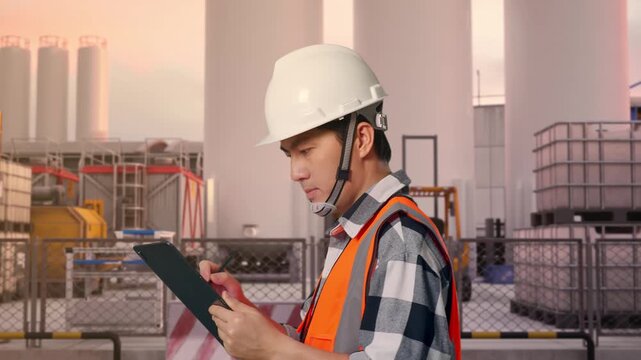 Side View of Asian Male Engineer Taking Note on Tablet While Walking at Storage Facility with IBC Totes, Large Silos and Safety Barriers at Sunset