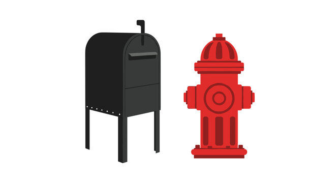 A modern black curbside mailbox is positioned next to a standard red fire hydrant in this clean vector illustration on a bright white background.
