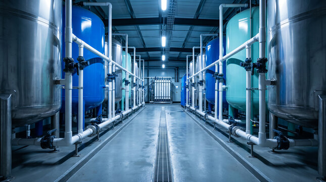 Interior view of an industrial water treatment plant with large blue tanks and white pipelines