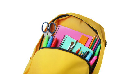 Isolated vibrant yellow open backpack filled with diverse school and art supplies © Aoife