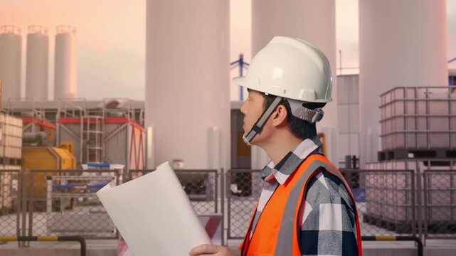 Side View of Asian Male Engineer Looking At Blueprint In His Hands While Walking at Storage Facility with IBC Totes, Large Silos and Safety Barriers at Sunset